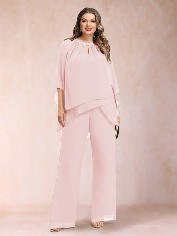 Chiffon Scoop 3/4 Sleeves 2 Pieces Plus Size Pantsuits with Rhinestone & Hollow