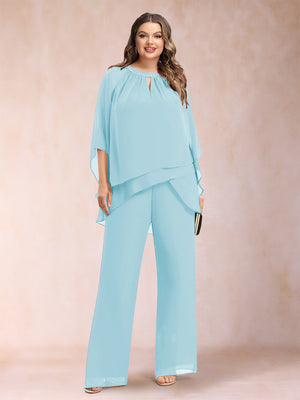Chiffon Scoop 3/4 Sleeves 2 Pieces Plus Size Pantsuits with Rhinestone & Hollow