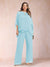 Chiffon Scoop 3/4 Sleeves 2 Pieces Plus Size Pantsuits with Rhinestone & Hollow