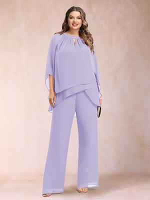 Chiffon Scoop 3/4 Sleeves 2 Pieces Plus Size Pantsuits with Rhinestone & Hollow