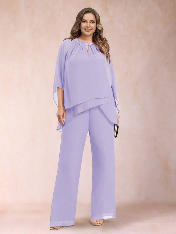 Chiffon Scoop 3/4 Sleeves 2 Pieces Plus Size Pantsuits with Rhinestone &amp; Hollow
