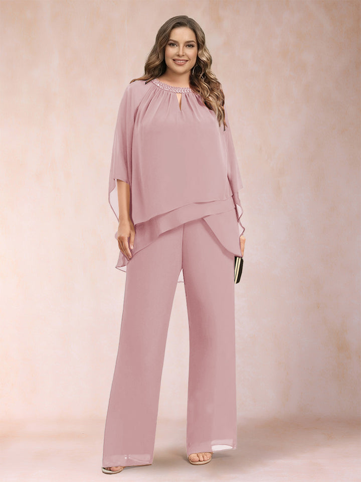 Chiffon Scoop 3/4 Sleeves 2 Pieces Plus Size Pantsuits with Rhinestone &amp; Hollow