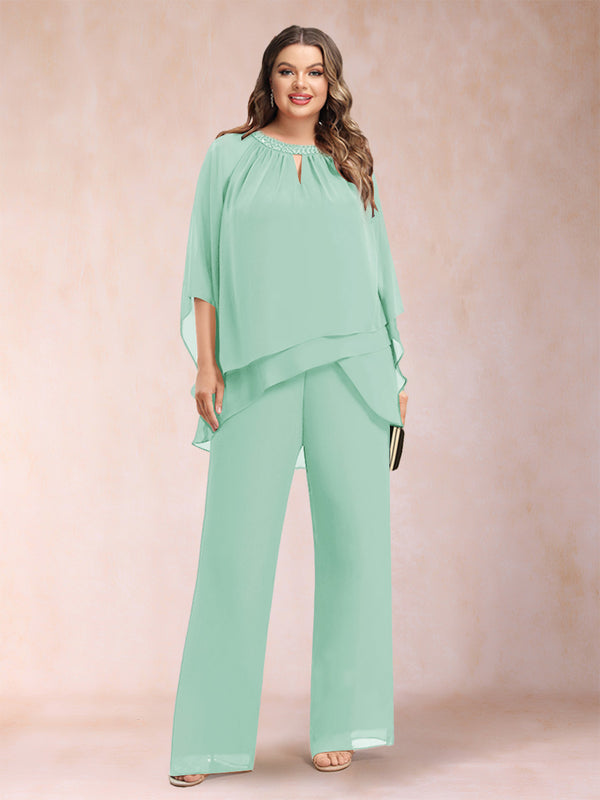 Chiffon Scoop 3/4 Sleeves 2 Pieces Plus Size Pantsuits with Rhinestone & Hollow