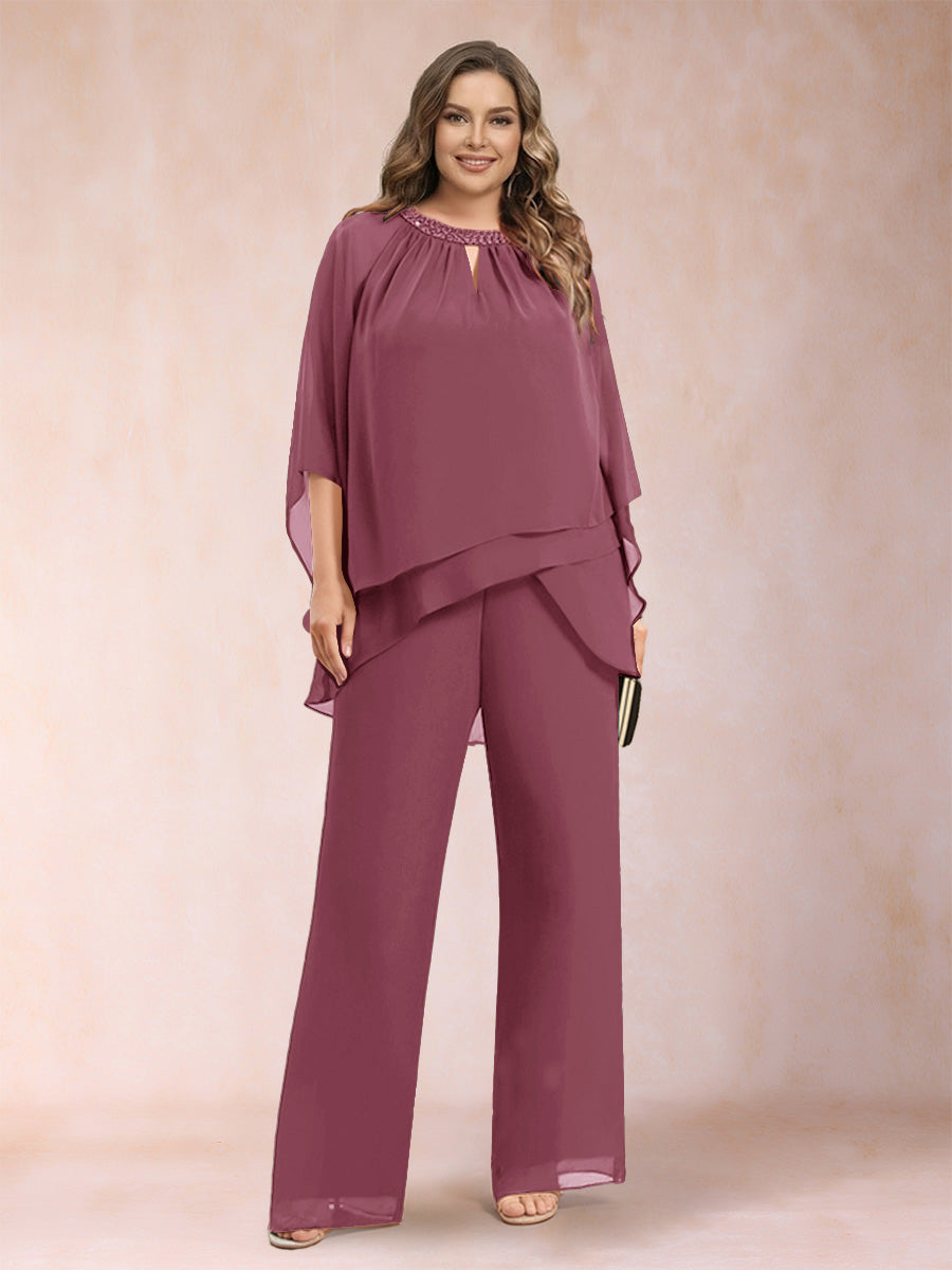 Chiffon Scoop 3/4 Sleeves 2 Pieces Plus Size Pantsuits with Rhinestone &amp; Hollow