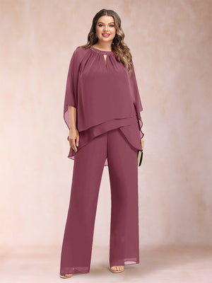 Chiffon Scoop 3/4 Sleeves 2 Pieces Plus Size Pantsuits with Rhinestone & Hollow