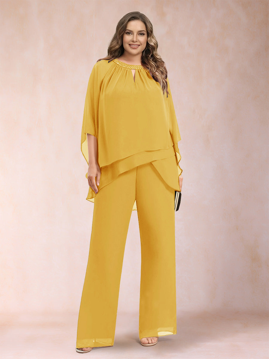 Chiffon Scoop 3/4 Sleeves 2 Pieces Plus Size Pantsuits with Rhinestone &amp; Hollow