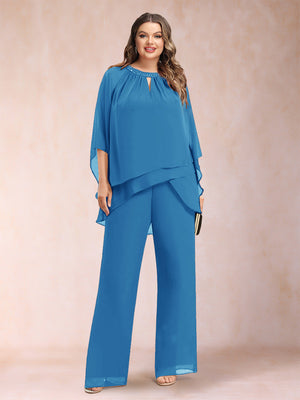 Chiffon Scoop 3/4 Sleeves 2 Pieces Plus Size Pantsuits with Rhinestone & Hollow