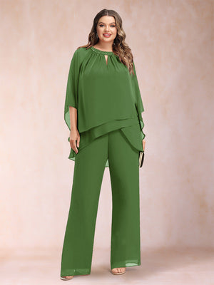 Chiffon Scoop 3/4 Sleeves 2 Pieces Plus Size Pantsuits with Rhinestone & Hollow