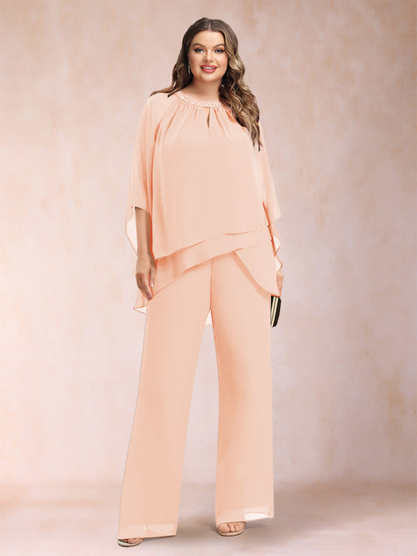Chiffon Scoop 3/4 Sleeves 2 Pieces Plus Size Pantsuits with Rhinestone & Hollow