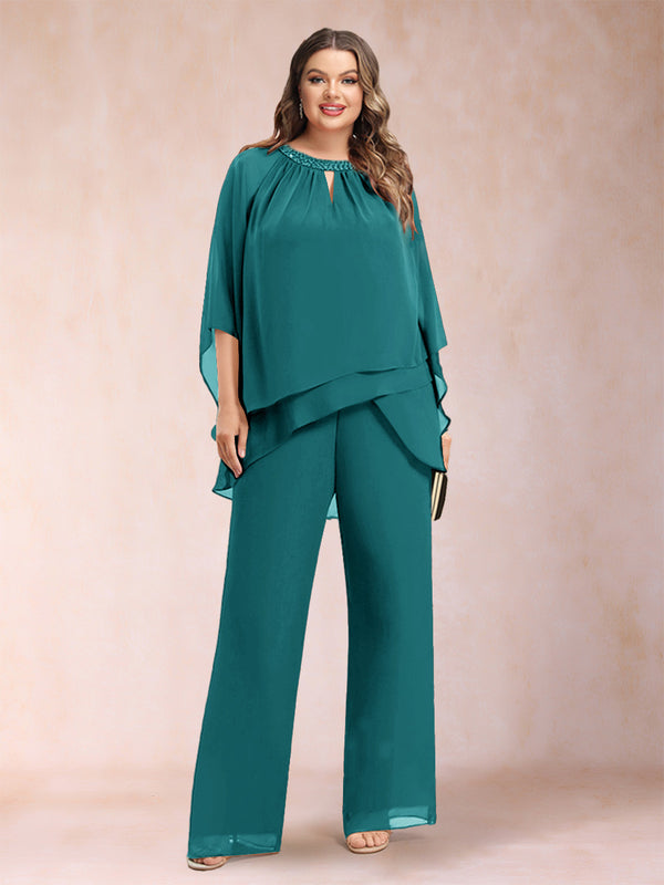 Chiffon Scoop 3/4 Sleeves 2 Pieces Plus Size Pantsuits with Rhinestone & Hollow