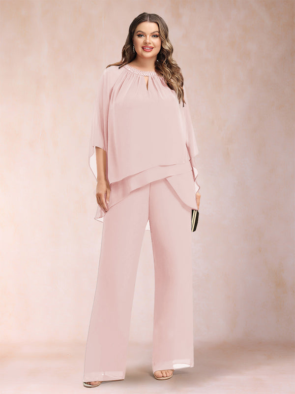 Chiffon Scoop 3/4 Sleeves 2 Pieces Plus Size Pantsuits with Rhinestone & Hollow