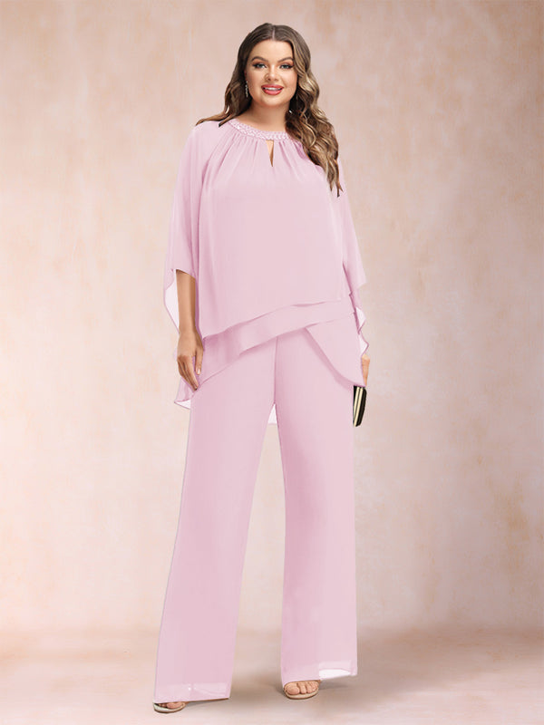 Chiffon Scoop 3/4 Sleeves 2 Pieces Plus Size Pantsuits with Rhinestone & Hollow