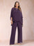 Chiffon Scoop 3/4 Sleeves 2 Pieces Plus Size Pantsuits with Rhinestone & Hollow