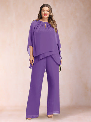 Chiffon Scoop 3/4 Sleeves 2 Pieces Plus Size Pantsuits with Rhinestone & Hollow