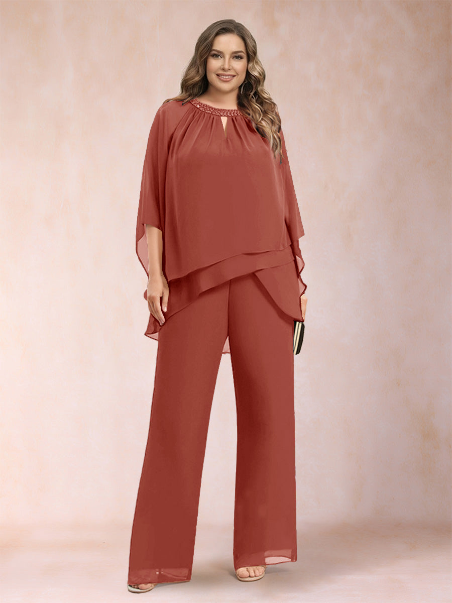 Chiffon Scoop 3/4 Sleeves 2 Pieces Plus Size Pantsuits with Rhinestone &amp; Hollow