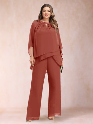 Chiffon Scoop 3/4 Sleeves 2 Pieces Plus Size Pantsuits with Rhinestone & Hollow