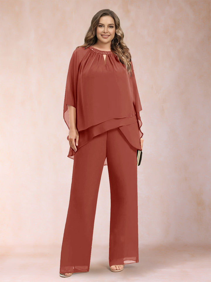 Chiffon Scoop 3/4 Sleeves 2 Pieces Plus Size Pantsuits with Rhinestone &amp; Hollow