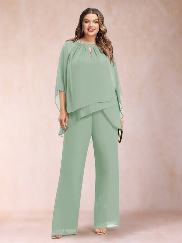 Chiffon Scoop 3/4 Sleeves 2 Pieces Plus Size Pantsuits with Rhinestone & Hollow