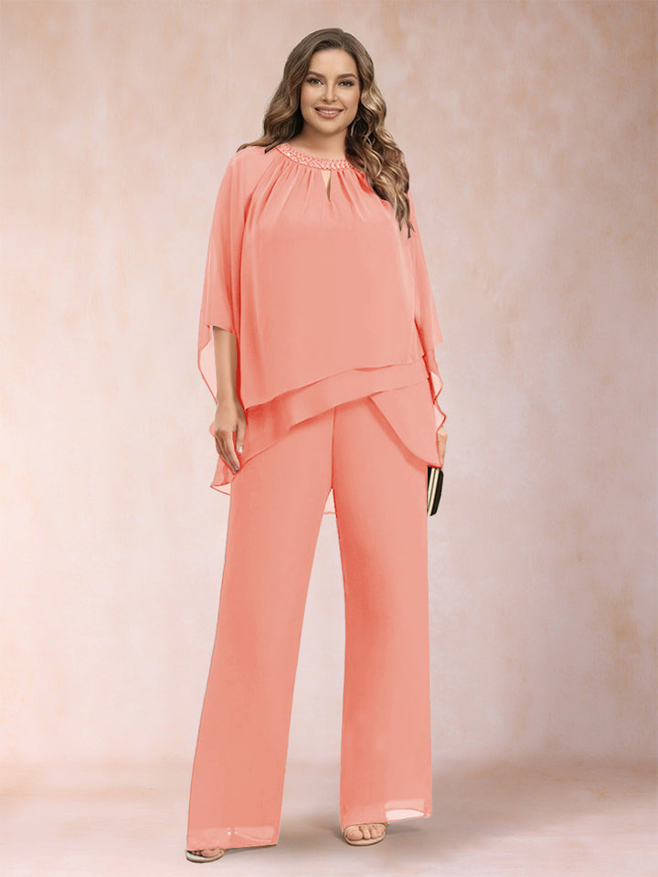 Chiffon Scoop 3/4 Sleeves 2 Pieces Plus Size Pantsuits with Rhinestone &amp; Hollow