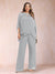 Chiffon Scoop 3/4 Sleeves 2 Pieces Plus Size Pantsuits with Rhinestone & Hollow