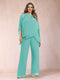 Chiffon Scoop 3/4 Sleeves 2 Pieces Plus Size Pantsuits with Rhinestone & Hollow