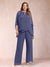 Chiffon Scoop 3/4 Sleeves 2 Pieces Plus Size Pantsuits with Rhinestone & Hollow