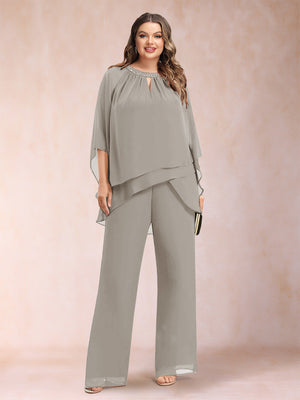Chiffon Scoop 3/4 Sleeves 2 Pieces Plus Size Pantsuits with Rhinestone & Hollow