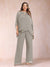Chiffon Scoop 3/4 Sleeves 2 Pieces Plus Size Pantsuits with Rhinestone & Hollow