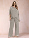 Chiffon Scoop 3/4 Sleeves 2 Pieces Plus Size Pantsuits with Rhinestone & Hollow
