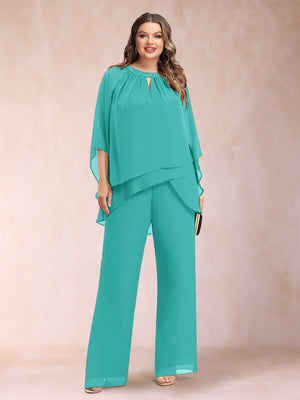 Chiffon Scoop 3/4 Sleeves 2 Pieces Plus Size Pantsuits with Rhinestone & Hollow