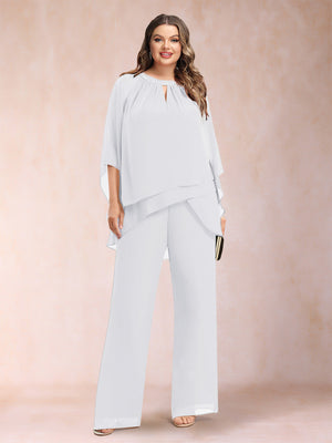 Chiffon Scoop 3/4 Sleeves 2 Pieces Plus Size Pantsuits with Rhinestone & Hollow