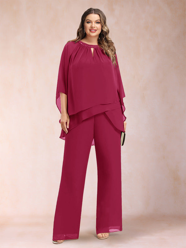 Chiffon Scoop 3/4 Sleeves 2 Pieces Plus Size Pantsuits with Rhinestone & Hollow
