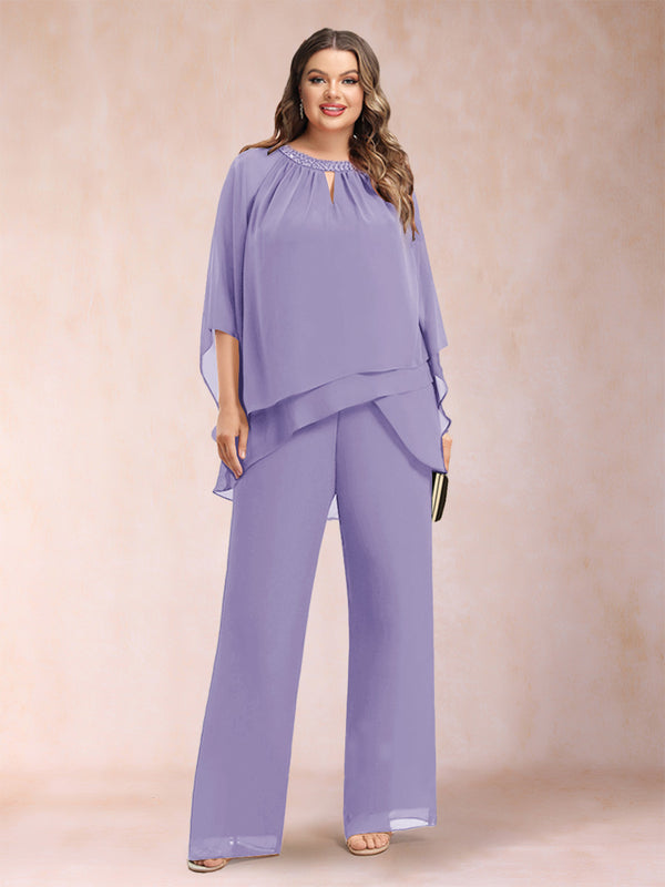 Chiffon Scoop 3/4 Sleeves 2 Pieces Plus Size Pantsuits with Rhinestone & Hollow