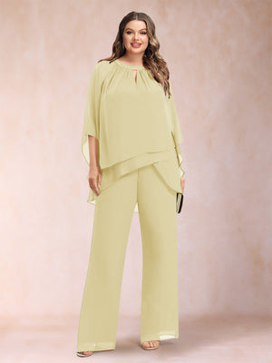 Chiffon Scoop 3/4 Sleeves 2 Pieces Plus Size Pantsuits with Rhinestone & Hollow