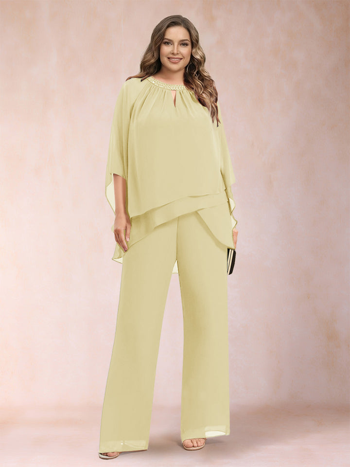 Chiffon Scoop 3/4 Sleeves 2 Pieces Plus Size Pantsuits with Rhinestone &amp; Hollow