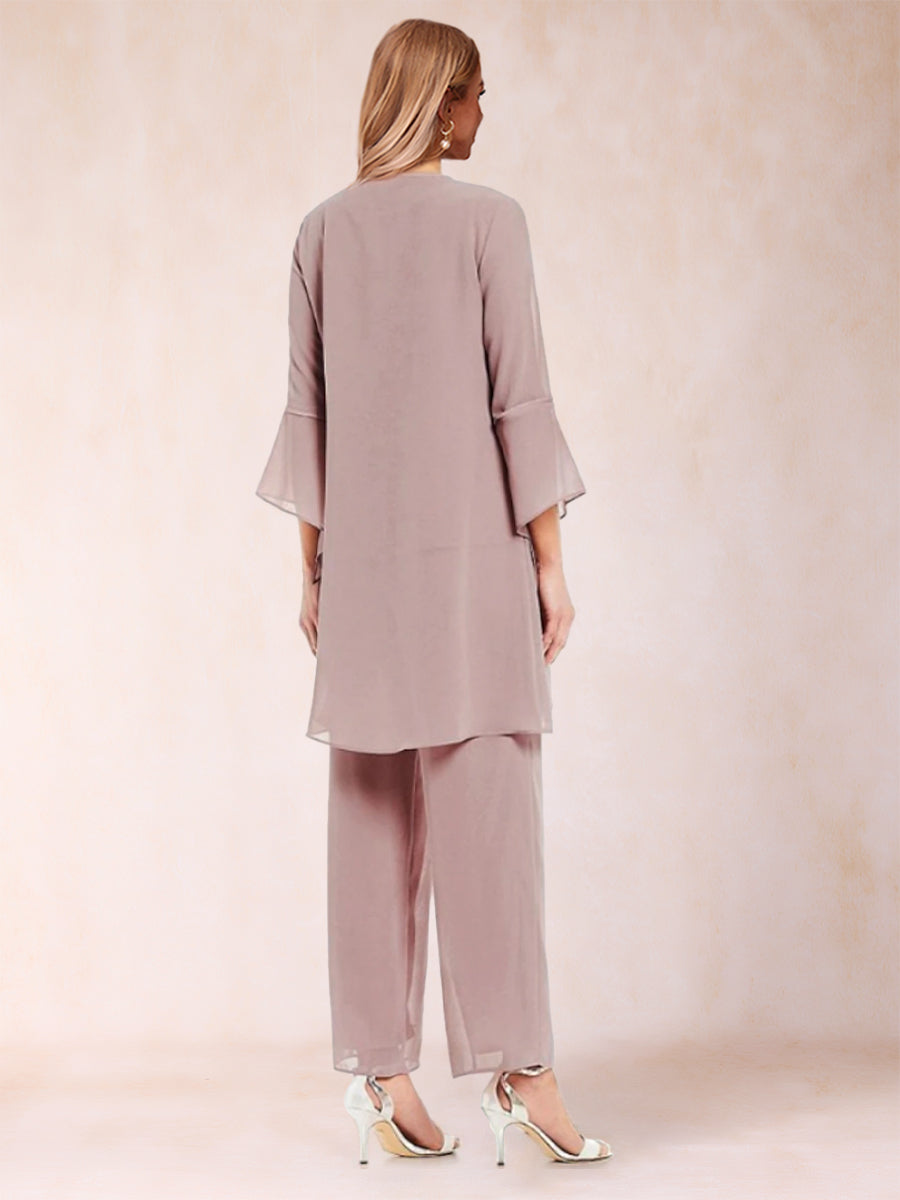 Chiffon Scoop Long Sleeves 3 Pieces Pantsuits with Applique  &amp; Jacket