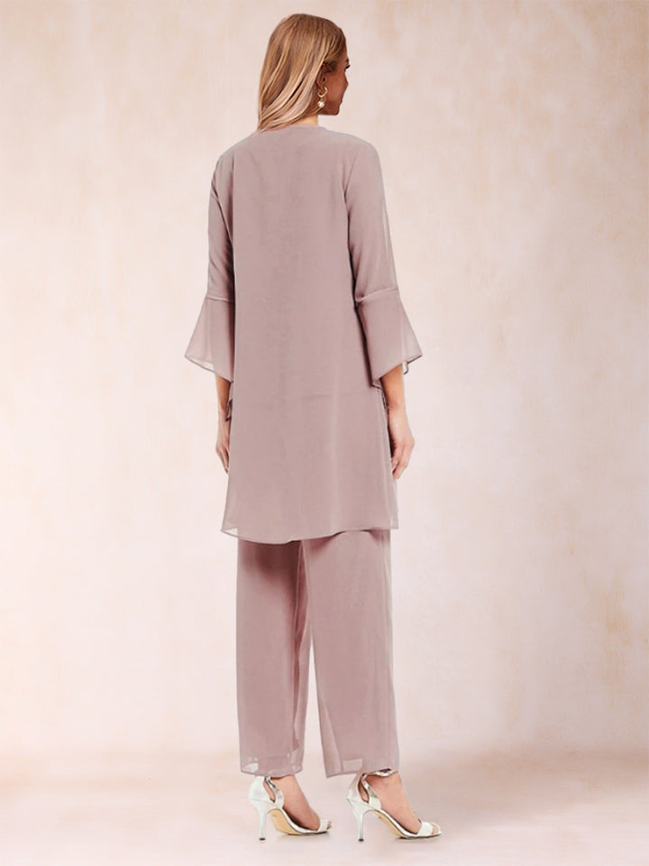 Chiffon Scoop Long Sleeves 3 Pieces Pantsuits with Applique  &amp; Jacket
