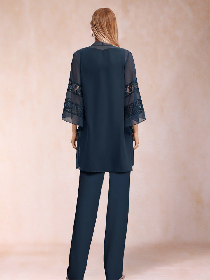 Chiffon Scoop Long Sleeves 3 Pieces Pantsuits with Applique  &amp; Jacket