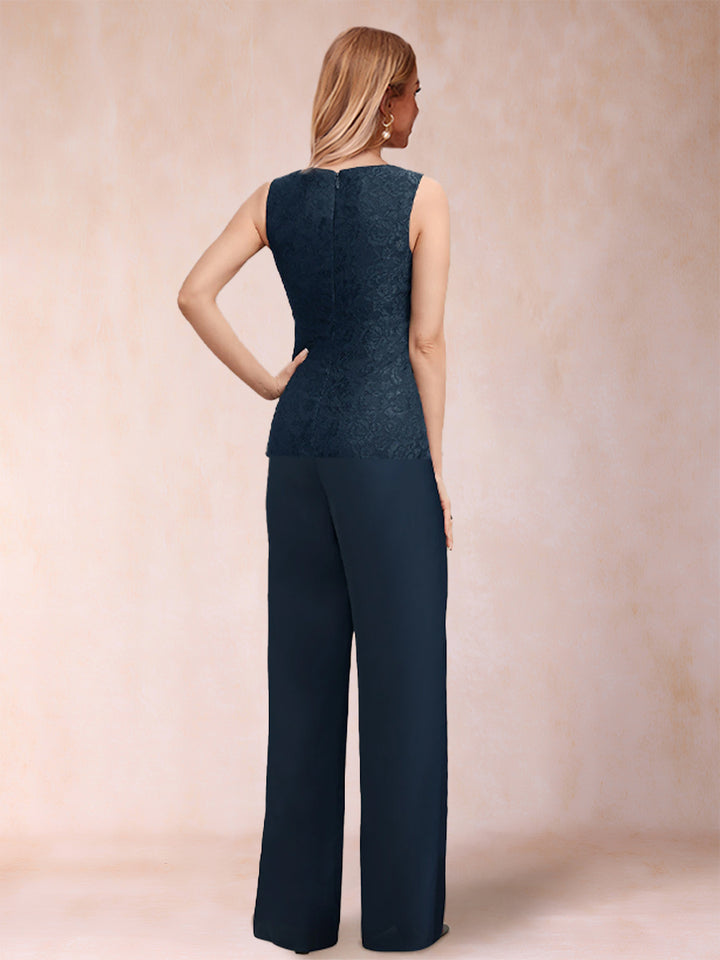 Chiffon Scoop Long Sleeves 3 Pieces Pantsuits with Applique  &amp; Jacket