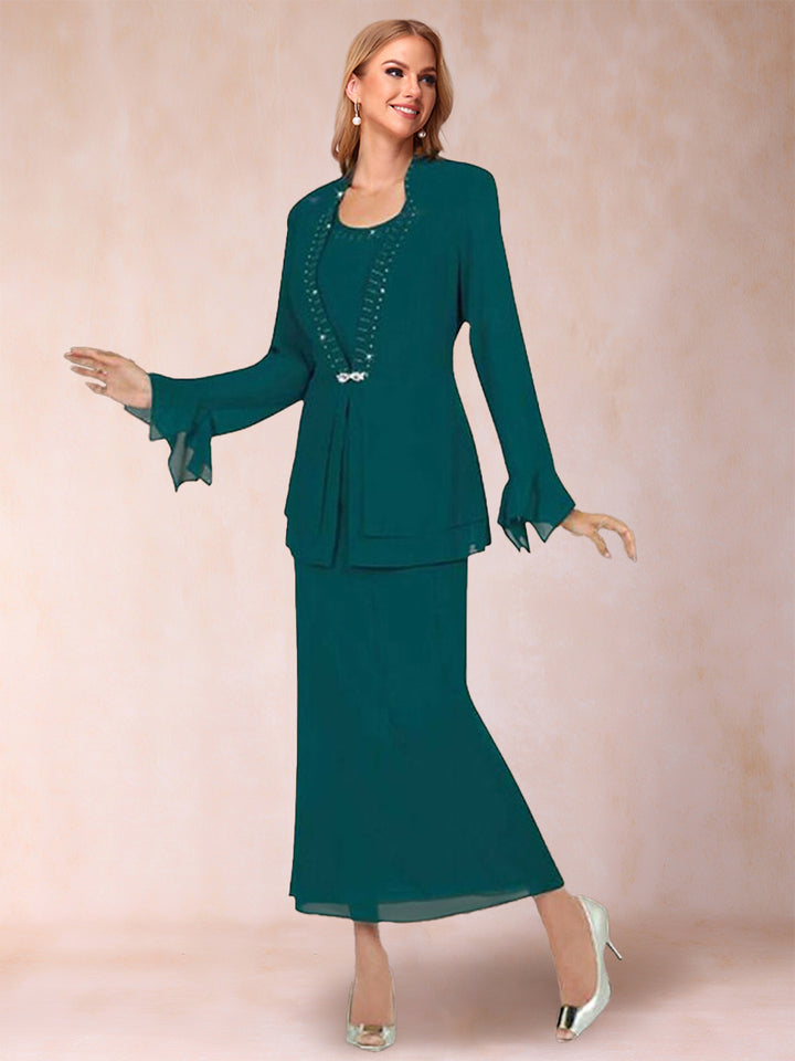 Sheath/Column Chiffon Scoop Long Sleeves 2 Pieces with Rhinestone &amp; Jacket