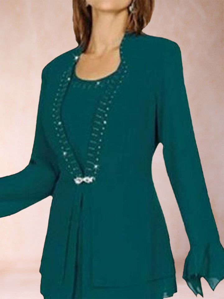 Sheath/Column Chiffon Scoop Long Sleeves 2 Pieces with Rhinestone &amp; Jacket