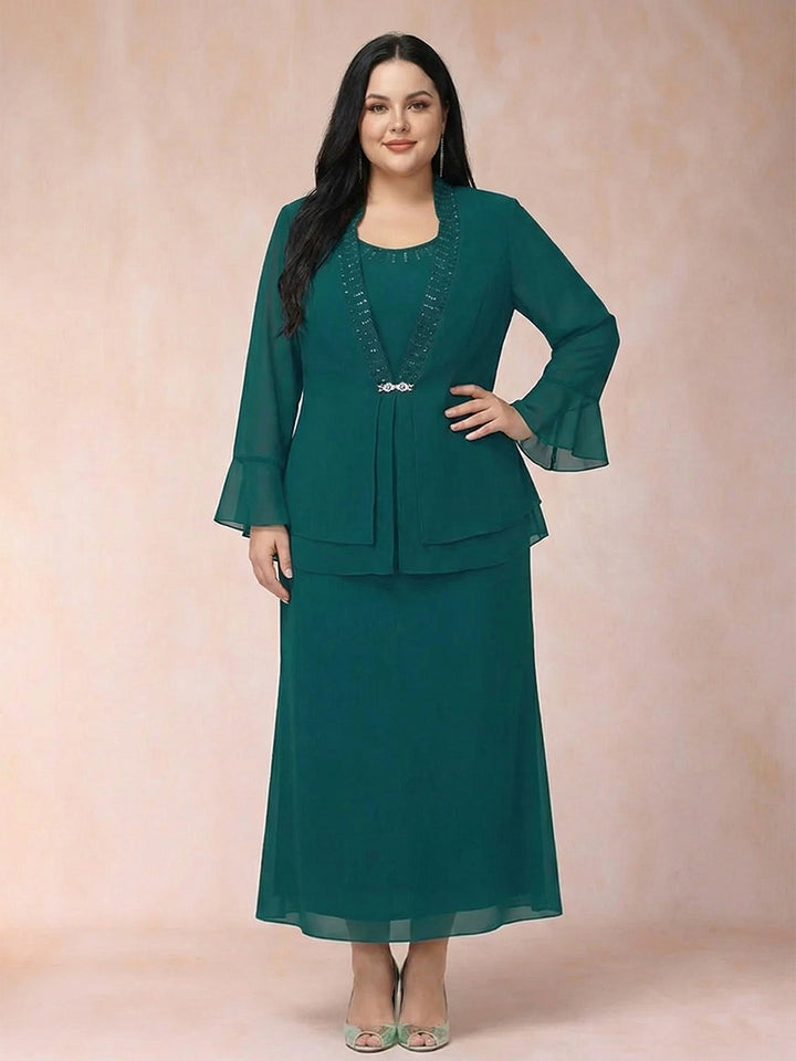 Sheath/Column Chiffon Scoop Long Sleeves Plus Size 2 Pieces with Rhinestone &amp; Jacket
