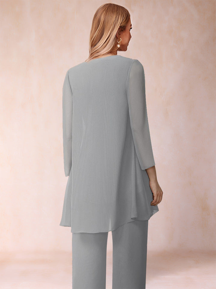Chiffon Scoop Long Sleeves 3 Pieces Pantsuits with Ruched  &amp; Jacket