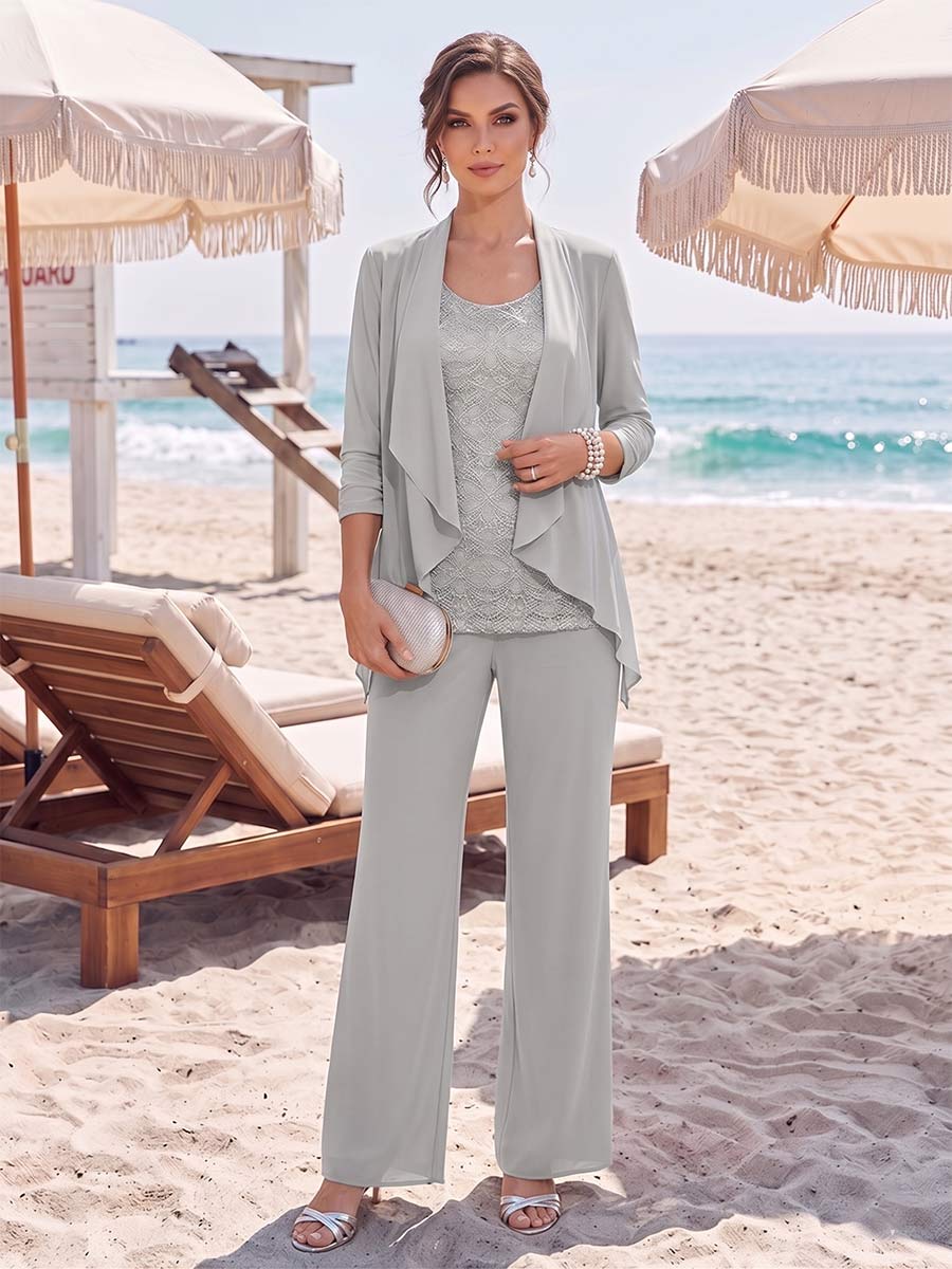 Chiffon Scoop Long Sleeves 3 Pieces Pantsuits Floor-Length with Ruched  &amp; Jacket
