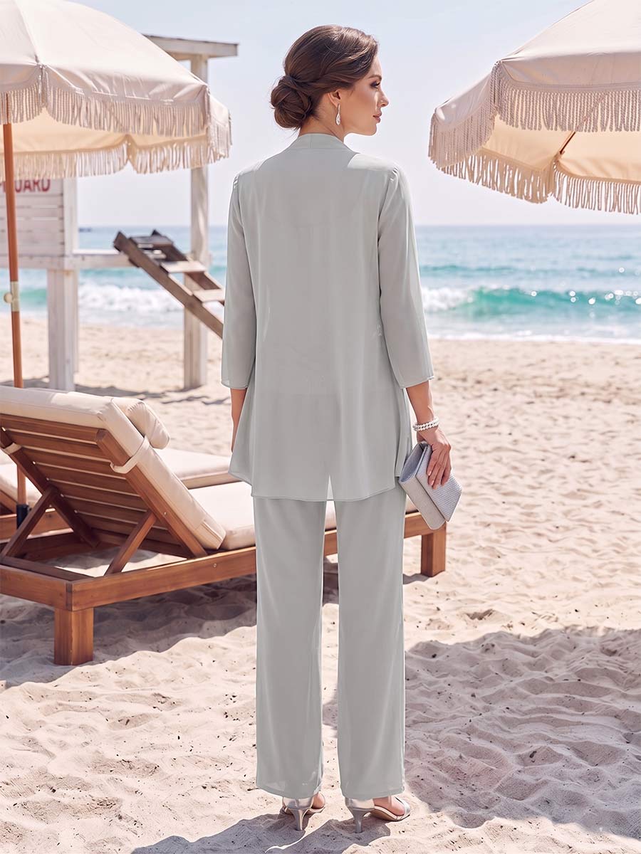 Chiffon Scoop Long Sleeves 3 Pieces Pantsuits Floor-Length with Ruched  &amp; Jacket