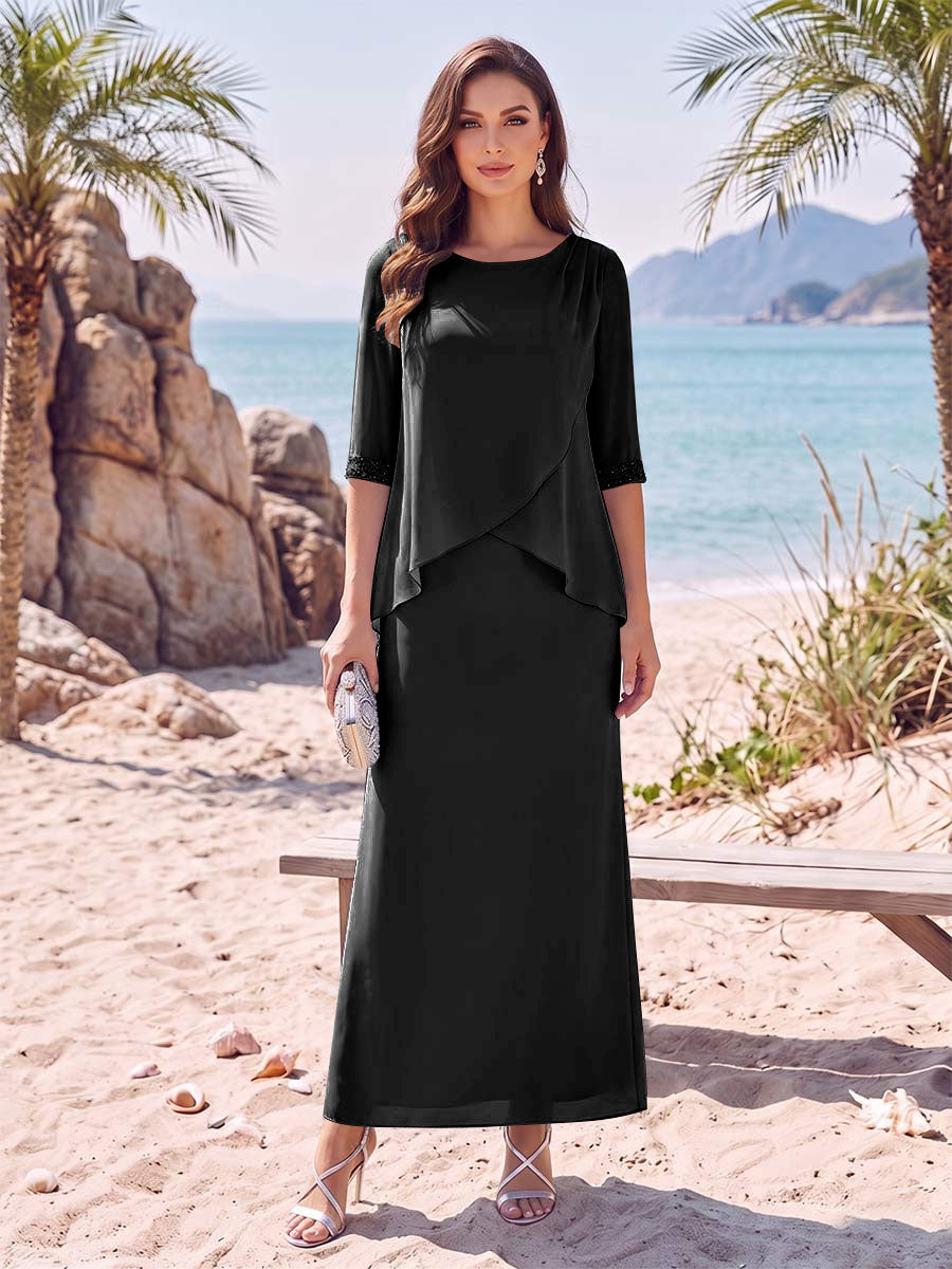Sheath/Column Chiffon Scoop Half Sleeves Ankle-Length 2 Pieces Mother Of The Bride Dresses with Split Side