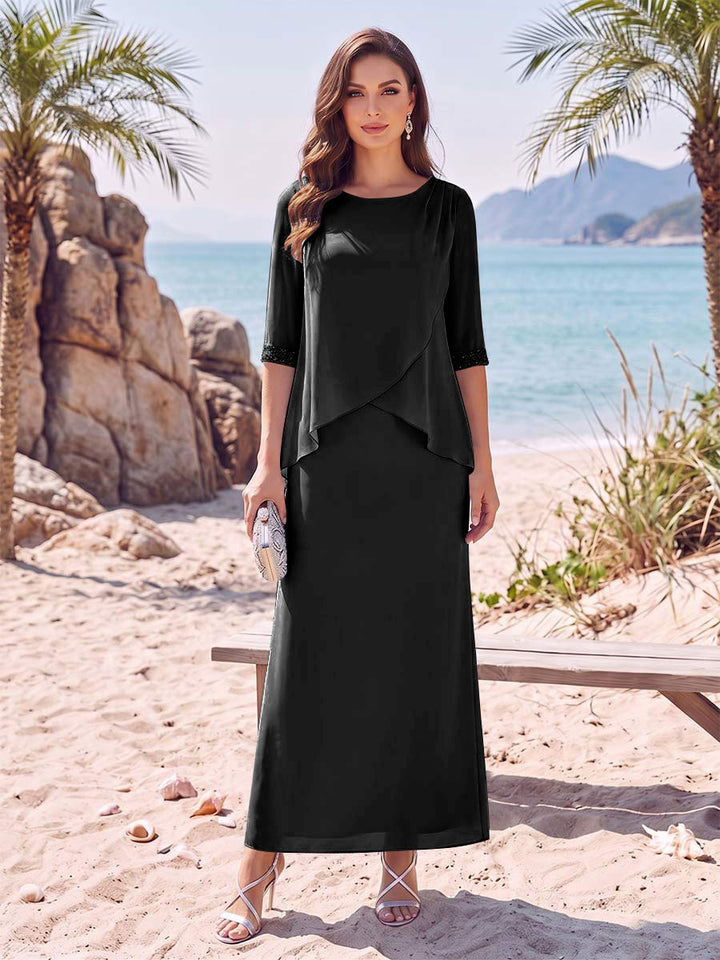 Sheath/Column Chiffon Scoop Half Sleeves Ankle-Length 2 Pieces Mother Of The Bride Dresses with Split Side