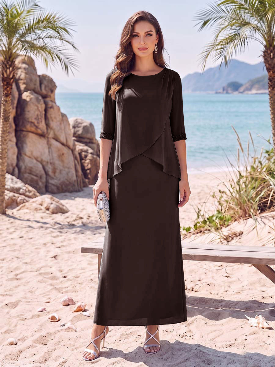 Sheath/Column Chiffon Scoop Half Sleeves Ankle-Length 2 Pieces Mother Of The Bride Dresses with Split Side