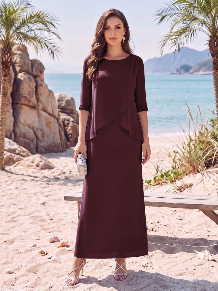 Sheath/Column Chiffon Scoop Half Sleeves Ankle-Length 2 Pieces Mother Of The Bride Dresses with Split Side