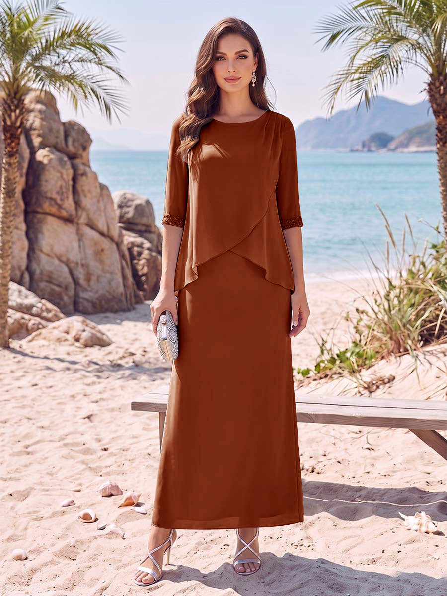 Sheath/Column Chiffon Scoop Half Sleeves Ankle-Length 2 Pieces Mother Of The Bride Dresses with Split Side